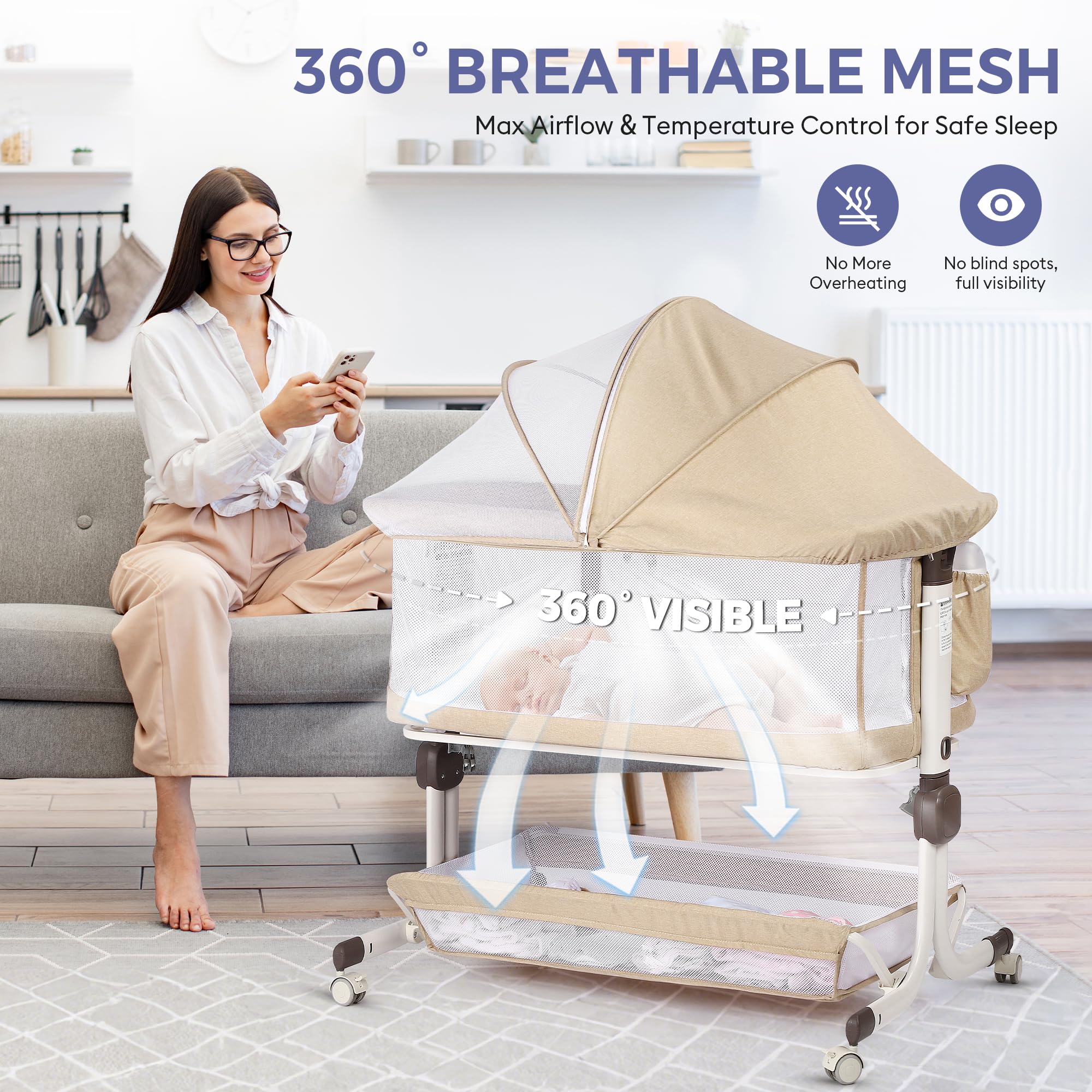 Momfann Bassinet Bedside Sleeper – Adjustable Baby Crib for Newborns