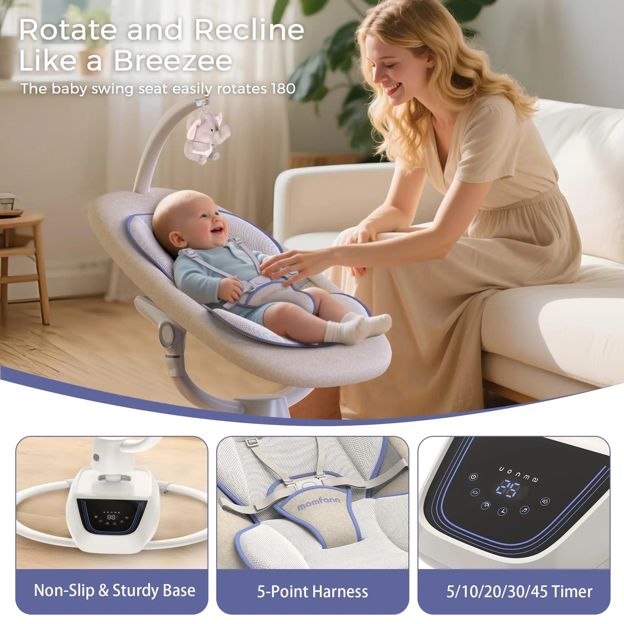 Momfann Baby Swing – 360° Electric Infant Swing with Adjustable Height Momfann